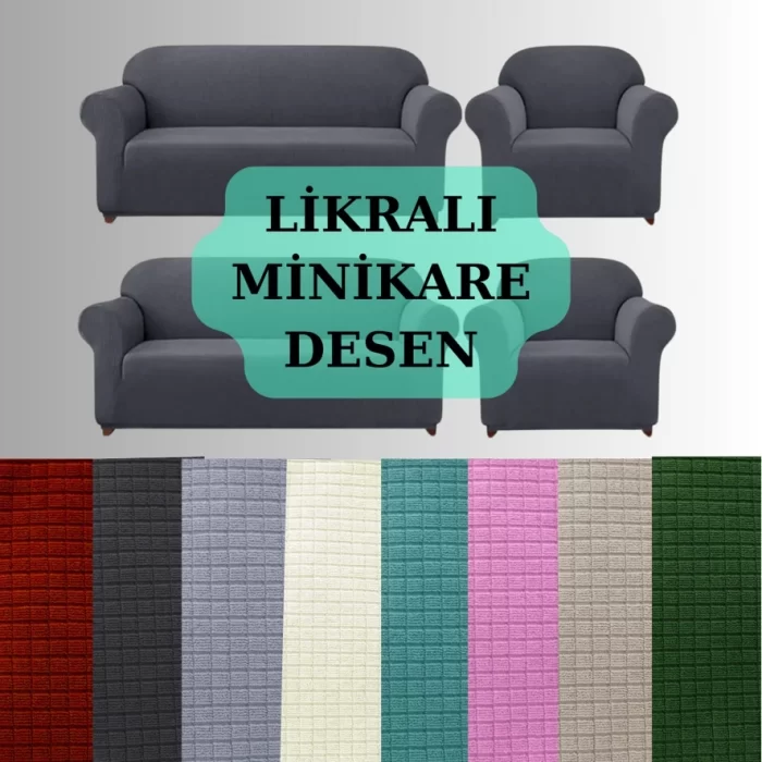 Likralı 3+3+1+1 koltuk takımı örtüsü. Mini kare desen